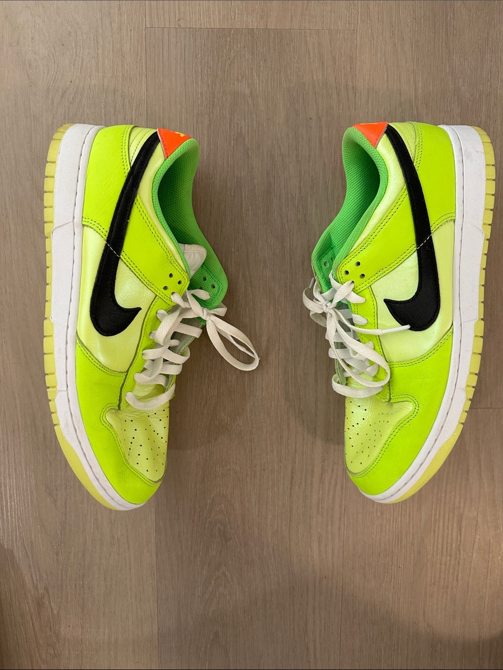 Nike Dunks Neon Lime Low-Top Sneakers with Black Swoosh and Orange Heel Tab